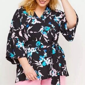 Lane Bryant Black Floral Tunic Tie Waist Bell Sleeve Top